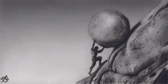 Mythical figure pushing a boulder uphill. 神话人物推巨石上山。