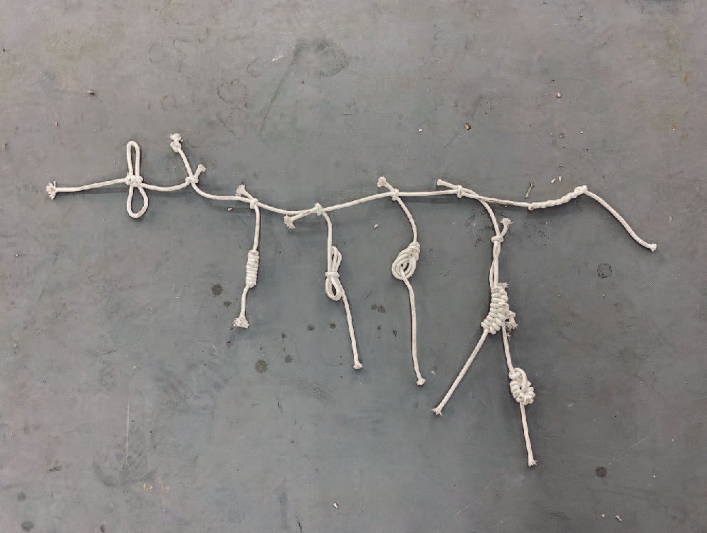 Series of white cotton knots forming a linear time code.
