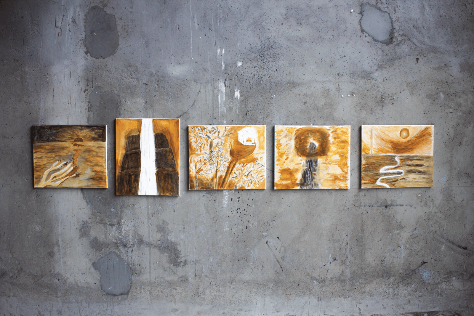 Five paintings from My Home, My Hometown installed against a concrete wall.