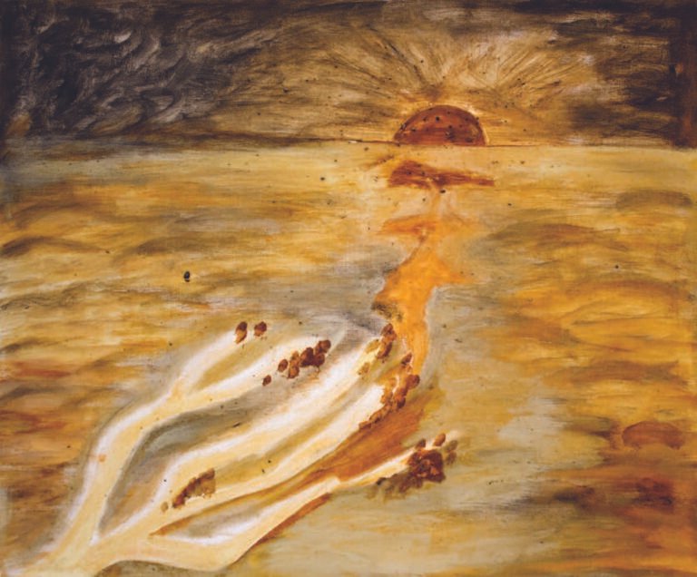 Moonlit sea with rust-colored waves and a pale moon; sulfur dioxide, coal dust, and iron rust on canvas (2022); inspired by Zhang Ruoxu’s “Spring River in the Flower Moonlit Night” (“the spring river enters the old year”). 2022 年作,二氧化硫、煤炭、铁锈红油画布;月光海面与锈色波纹,取意张若虚《春江花月夜》“江春入旧年”。