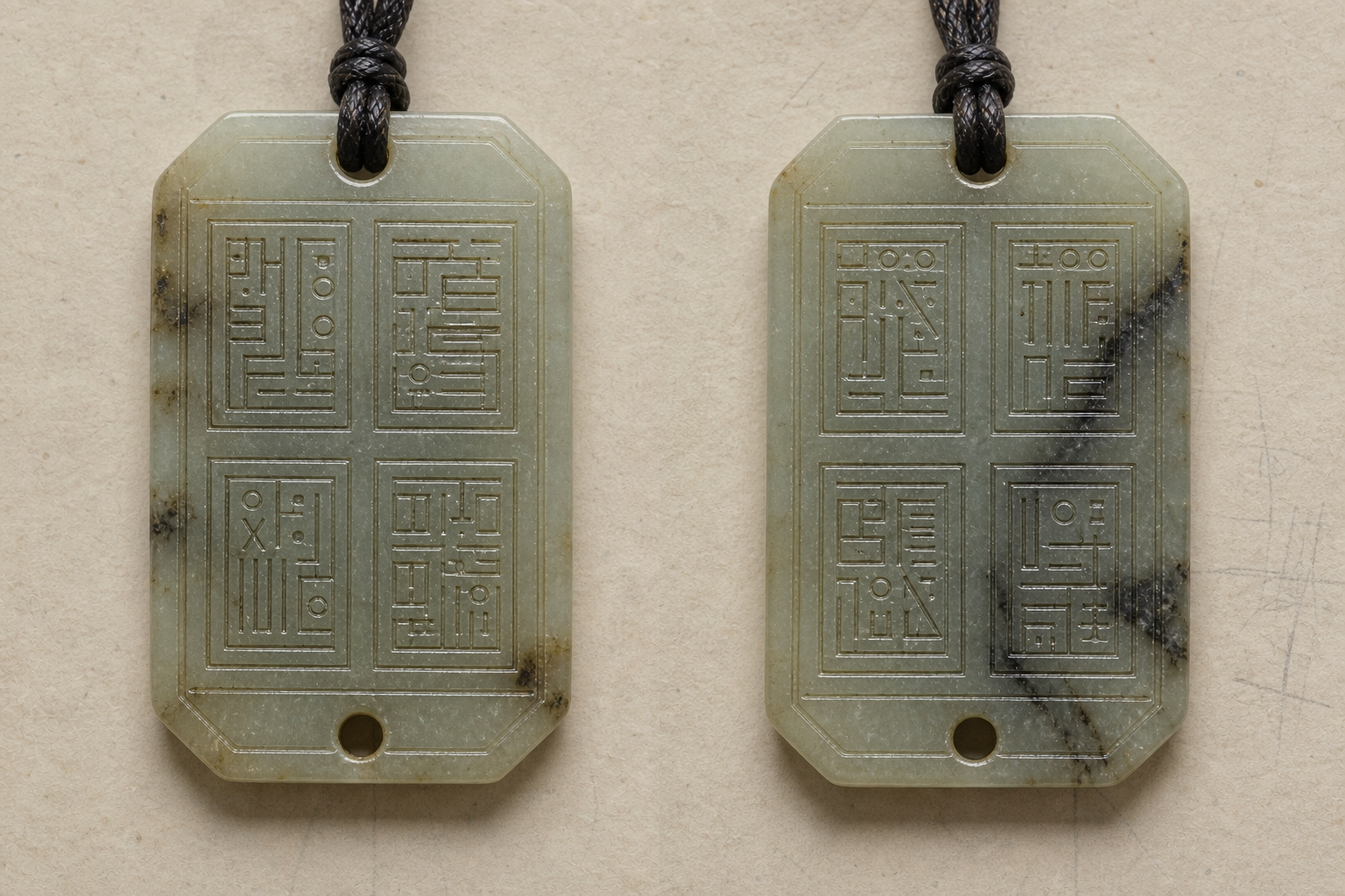 Generated visual study of a pale green pendant shown front and reverse, with four recessed inscription fields on each side.